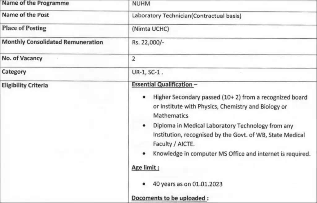 DHFW WB Pharmacist, Lab Technician & Other Recruitment 2023 – Apply for 91 Posts  Introduction The Department of Health & Family Welfare, West Bengal, has released a recruitment notification for Clinical Psychologist, Multi Rehabilitation Worker, Lab Technician, and other vacancies on a contract basis. If you are interested in these positions and meet the eligibility criteria, you have the opportunity to apply. Read on for more information about this recruitment.  Important Dates  Starting Date for Apply Online: 22-09-2023 Last Date for Apply Online: 06-10-2023 Vacancy Details  Post Name	Total	Qualification	Age Limit Clinical Psychologist	04	Degree/ PG (Relevant Discipline)	40 Years Multi Rehabilitation Worker	12	Degree/ PG in physiotherapy	21-40 Years Lab Technician	15	10+2, Diploma Medical Lab Tech	40 Years Pharmacist	48	Diploma in Pharmacy	18-40 Years GDMO	04	PG degree and Diploma	67 Years Staff Nurse	03	GNM/ B.Sc Nursing	40 Years NUHM	05	10+2, Diploma (Relevant discipline)	18-40 Years Interested candidates are advised to read the full notification before applying.  Important Links  [Apply Online (23-09-2023)](Insert Link Here) [Notification](Insert Link Here) This is your chance to contribute to the health and well-being of West Bengal's residents. Apply online and take the first step toward a rewarding career in healthcare.
