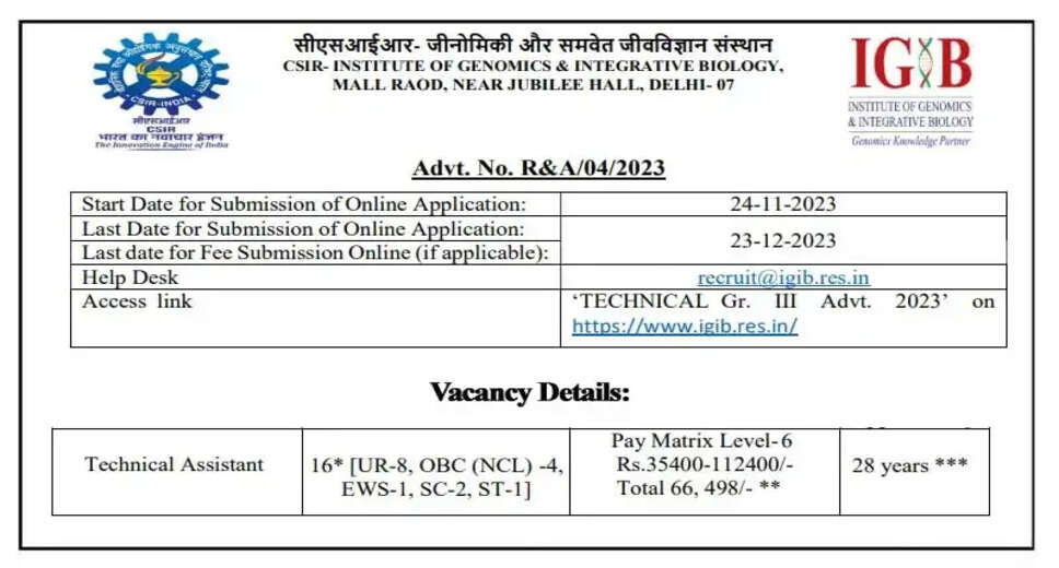CSIR-IGIB Recruitment 2023: Apply Online for Technical Assistant Posts, Salary Up To Rs-66, 498