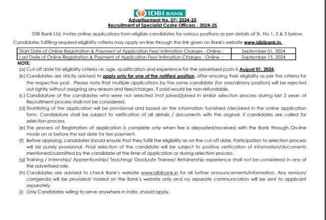 IDBI Bank Announces Recruitment for Specialist Cadre Officers 2024 – 56 Posts Available