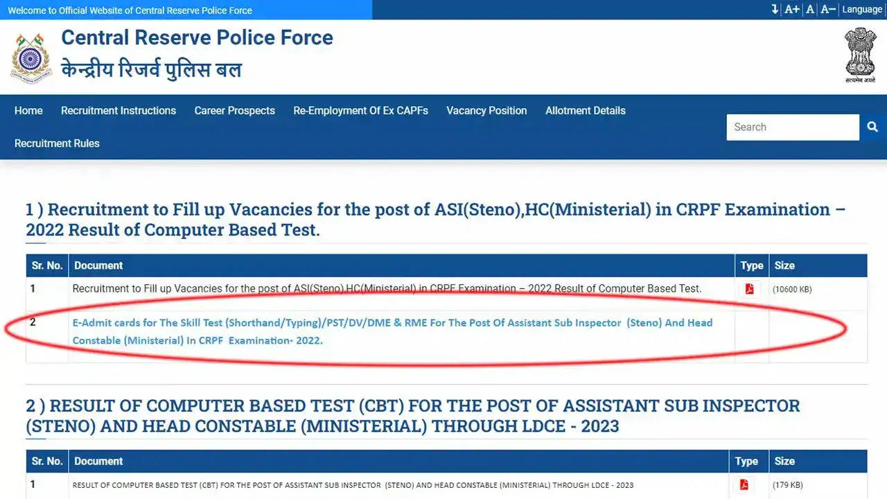 CRPF HC ASI Steno Admit Card 2023 Released: Download Link Here