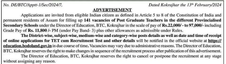 BTC Recruitment 2024 - Online Apply for GT/PGT 1613 Posts