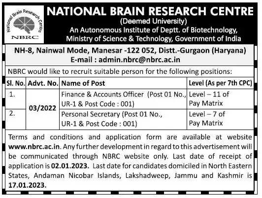 National Brain Research Centre (NBRC) Releases 2024 Recruitment Notification: Vacancy Details Inside