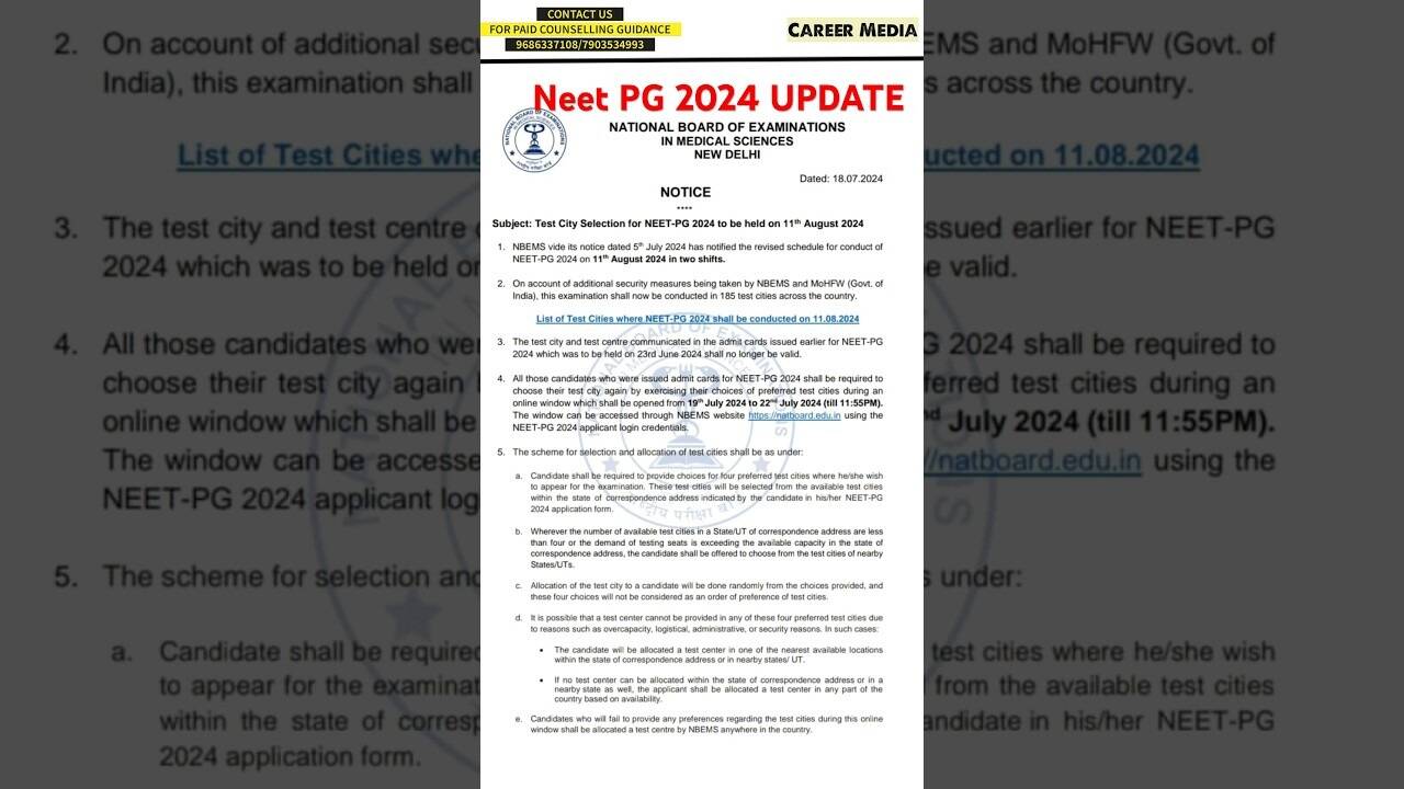 NEET PG 2024 Test City Selection Opens Today: Visit natboard.edu.in to Choose Your City