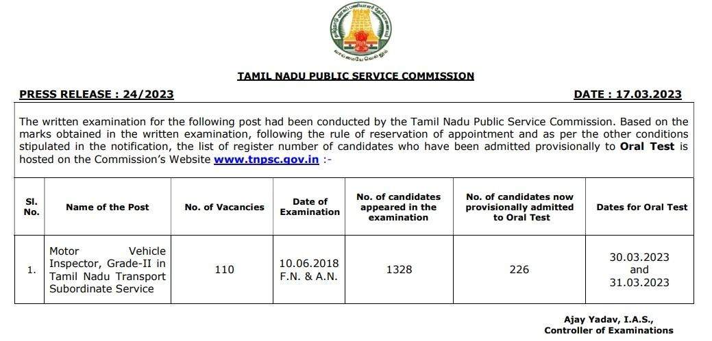 TNPSC Group 1 Oral Test List 2023 Released: Check CCSE-I (Group-I) Oral Test List