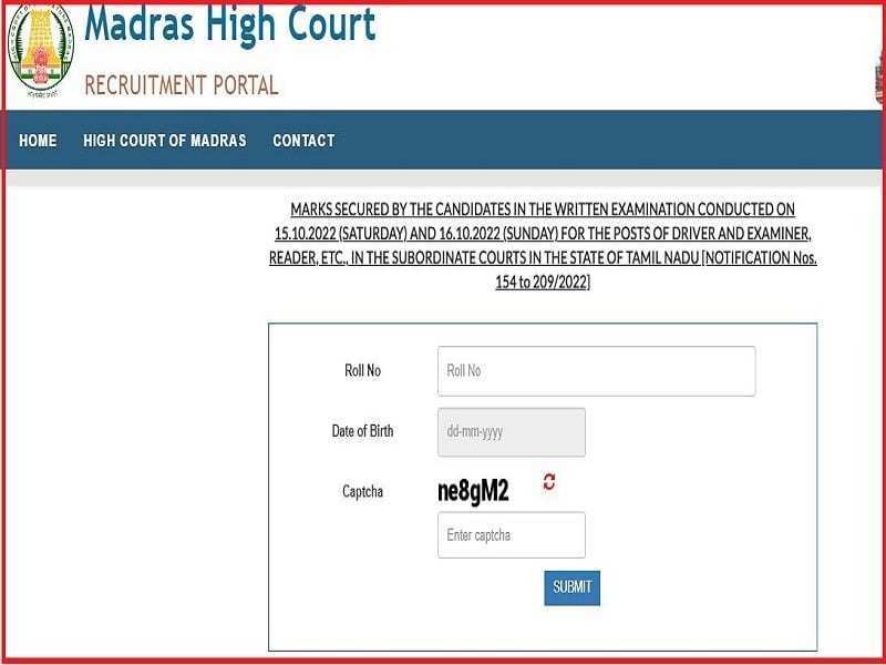 Madras High Court District Judge (Entry Level) 2023 Prelims Marks Released