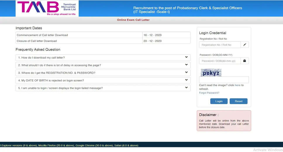 TMB Specialist Officer IT Admit Card 2023 Released - Download Now!