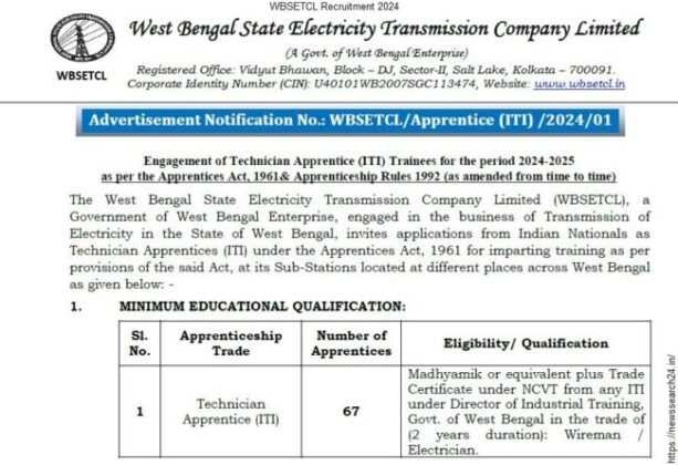 WBSETCL Releases Recruitment Notification for 67 Vacancies: Apply Now