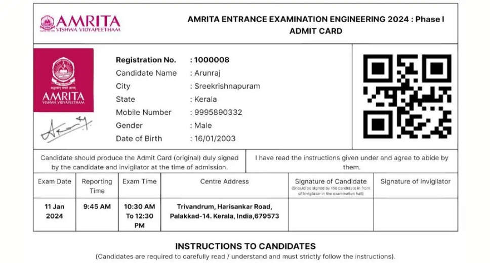 AEEE 2024 Hall Ticket Out: Download Admit Card at amrita.edu, Exam from Jan 16