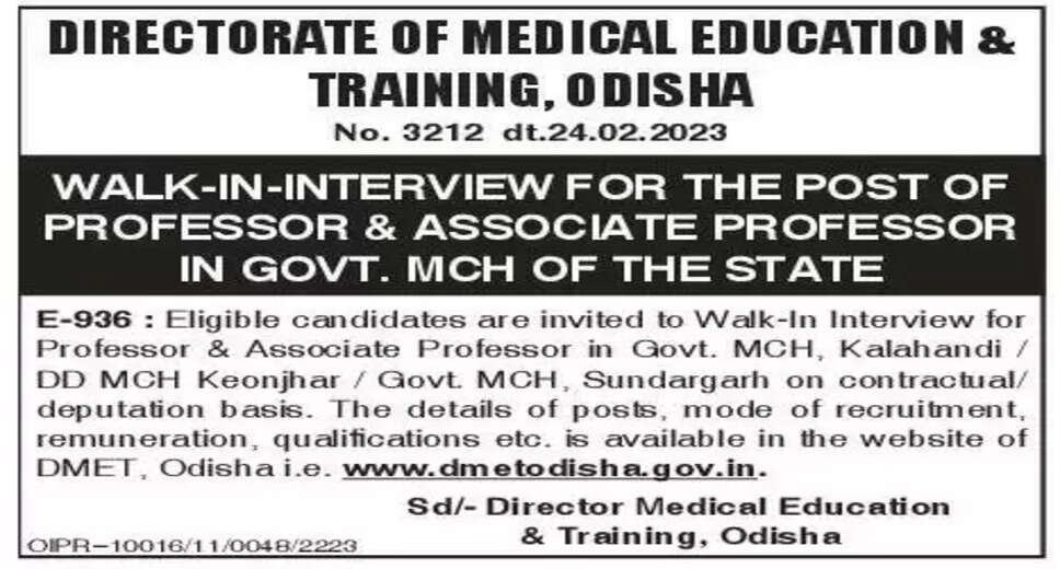 DMET Odisha Recruitment 2024: Walk-In Interview for 51 Professor, Assistant Professor, and Other Posts