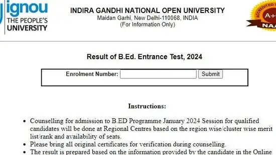 IGNOU Entrance Exam 2024 Result Declared: Check BEd, PhD, BSCN (PB) Result Here