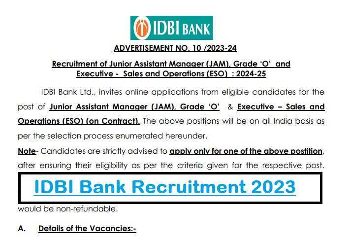 IDBI Recruitment 2023: Apply for 2100 Junior Assistant Manager (JAM) and Executive Posts