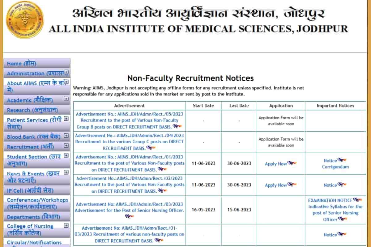 AIIMS, Jodhpur Recruitment 2023: Apply for Various Posts