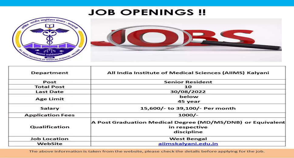 AIIMS Kalyani Recruitment 2022 - Get Apply Online Link For 10 Senior Resident Job Vacancies @ aiimskalyani.edu.in Apply For Latest Jobs