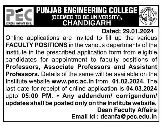 Punjab Engineering College Announces Faculty Positions across Various Departments