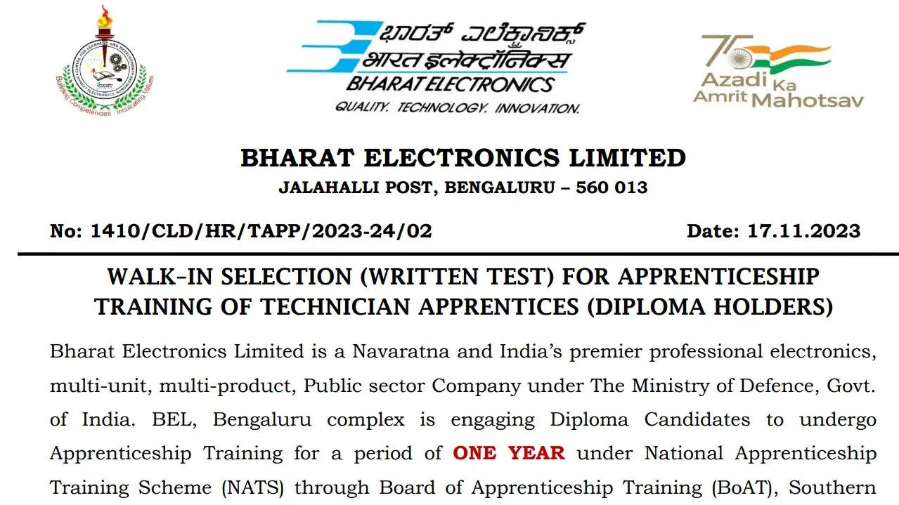 BEL Recruitment 2024: Walk-in For 81 Technician, Graduate Apprentice ...