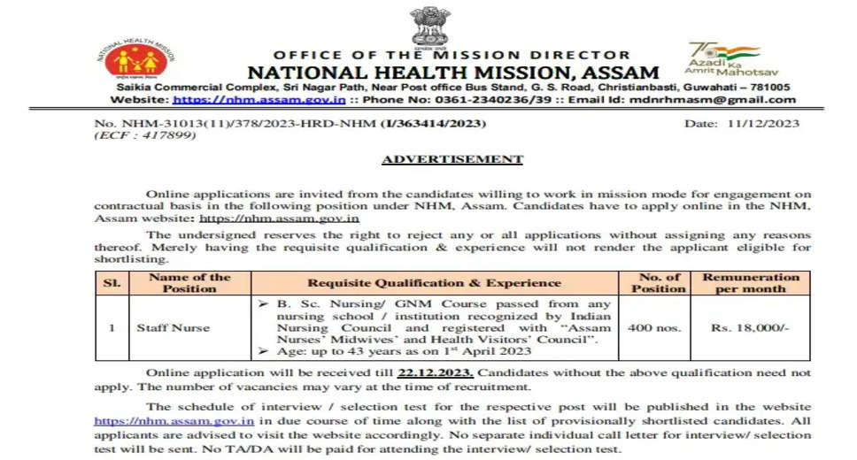 NHM Assam Announces Recruitment for 400 Staff Nurse Posts 2023