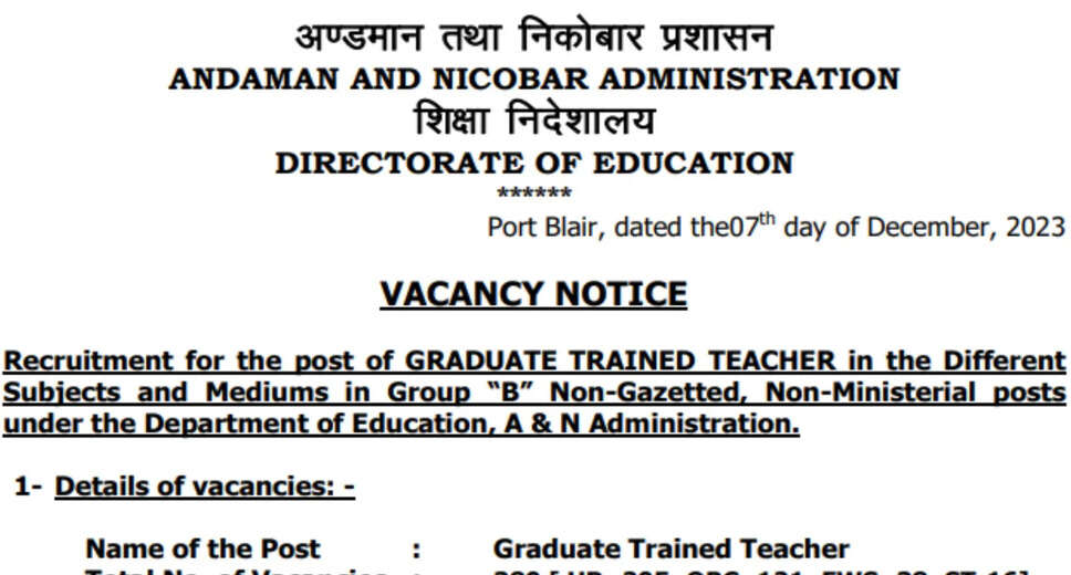 Andaman & Nicobar Islands: Huge GTT Recruitment 2023 - 380 Posts Across Subjects (Apply Now)