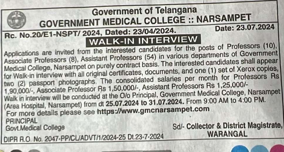 GMC Warangal Recruitment 2024: Walk-In Interviews for 72 Faculty Positions