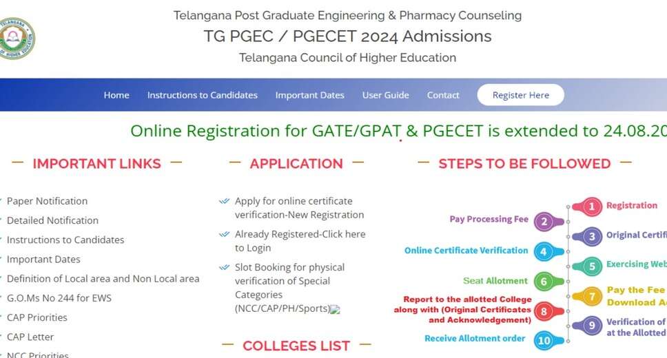 TS PGECET 2024 Counseling Registration: Apply by August 24 Following Deadline Extension