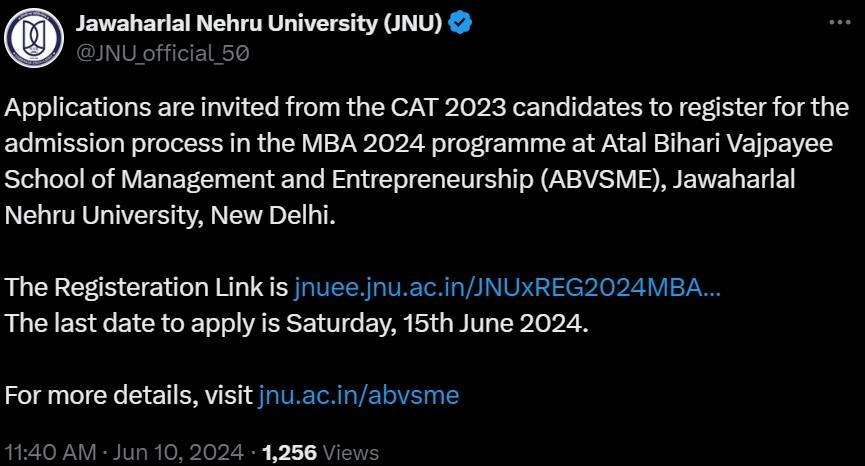 JNU MBA Admission 2024 Application Process Commences: Apply Before June 15 Deadline