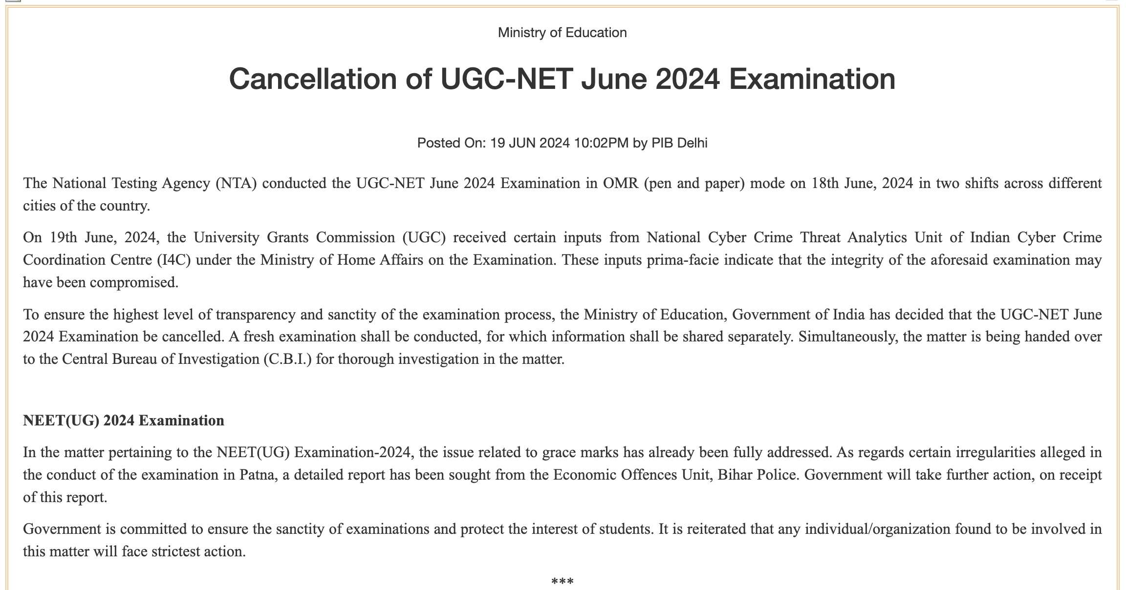 NTA UGC NET June 2024 Exam: Latest Updates on New Exam Date