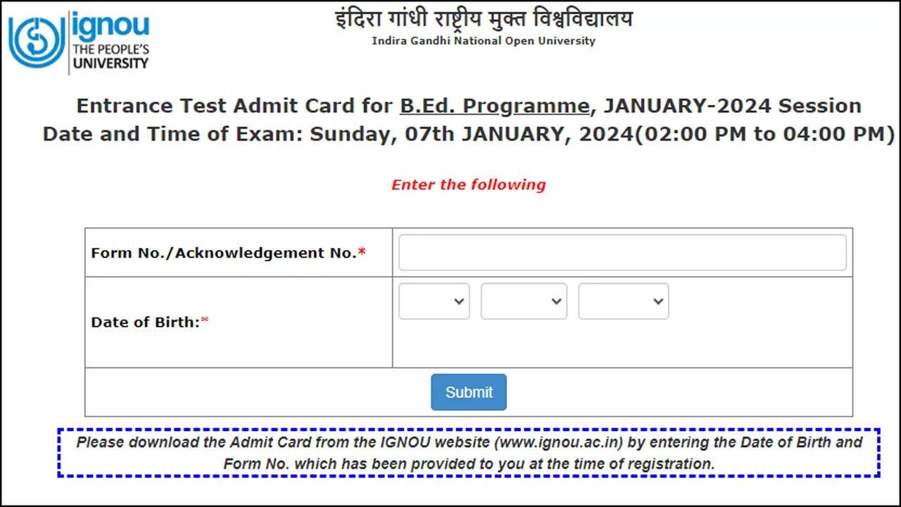 IGNOU Entrance Exam 2024 Hall Tickets Released: Download Now For BEd ...