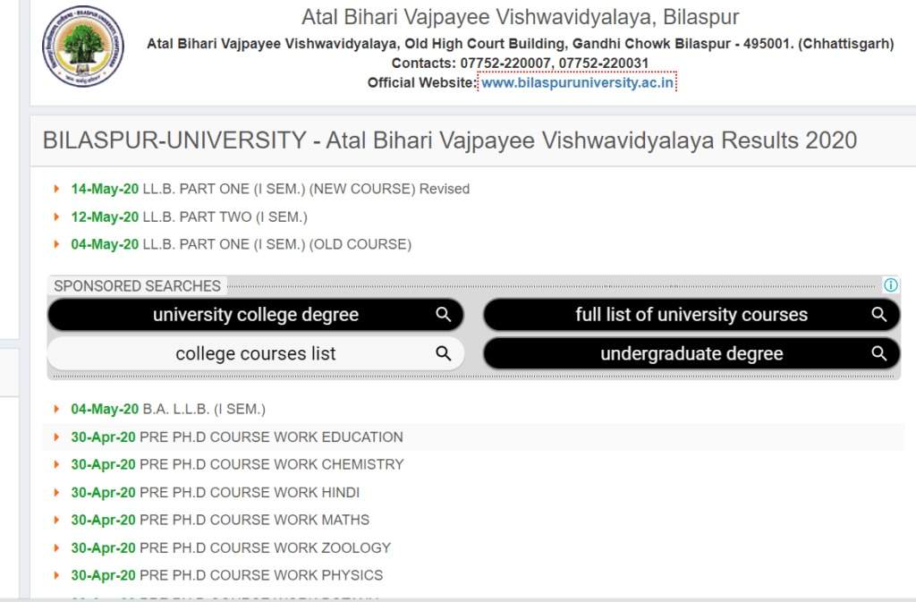 Bilaspur University Results 2024 Announced: Check Your UG and PG Marksheets