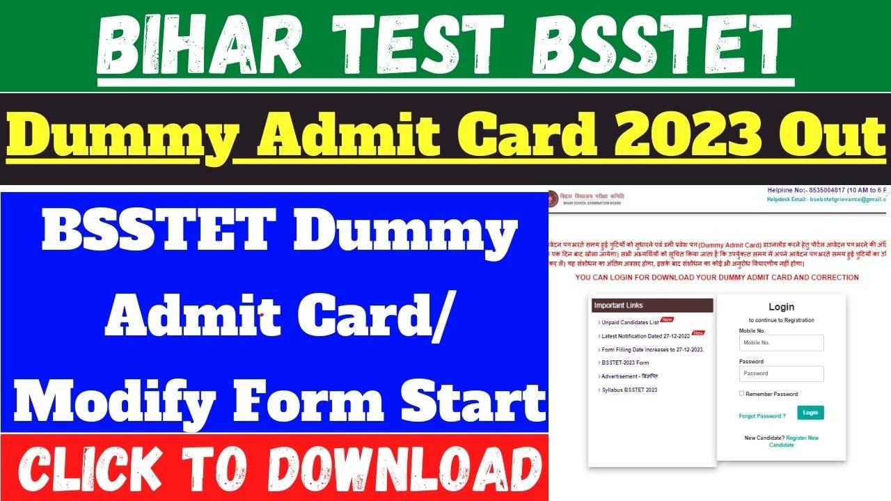 Bihar BSSTET 2024 Dummy Admit Card Download Now! Paper I & II Available